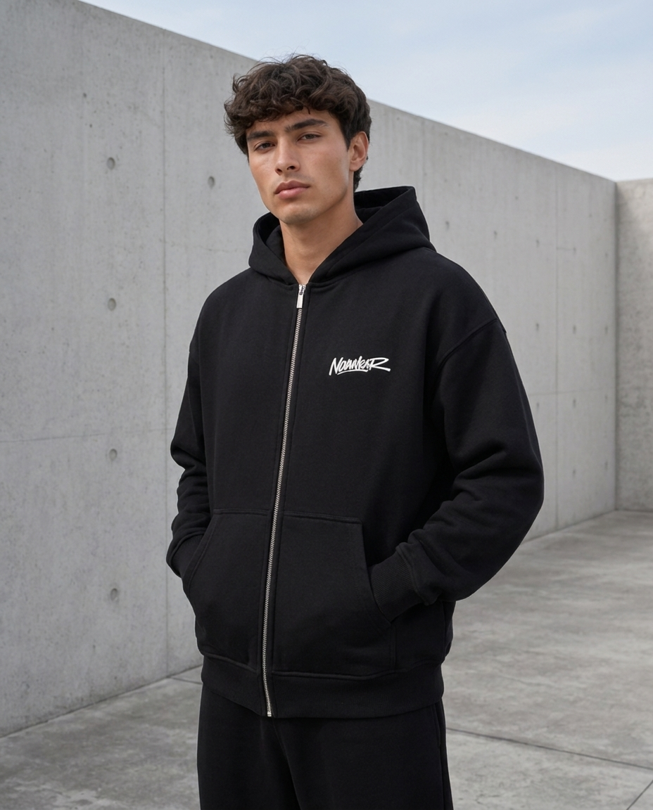 NOVAWEAR Axis Heavyweight Zipper Hoodie in Schwarz – 3/4-Frontansicht
