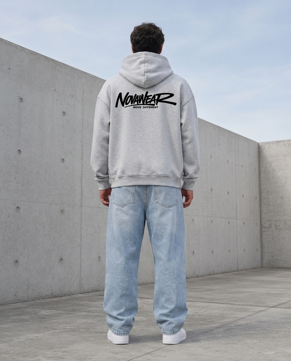 NOVAWEAR Axis Heavyweight Zipper Hoodie in Heather Grey – Rückenansicht mit Backprint