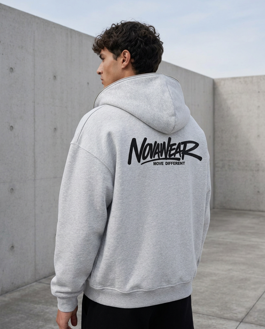 NOVAWEAR Axis Heavyweight Zipper Hoodie in Heather Grey – Detailansicht von Stoff und Backprint