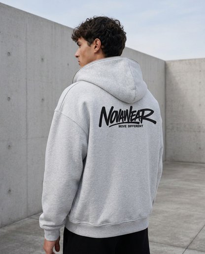 NOVAWEAR Axis Heavyweight Zipper Hoodie in Heather Grey – Detailansicht von Stoff und Backprint