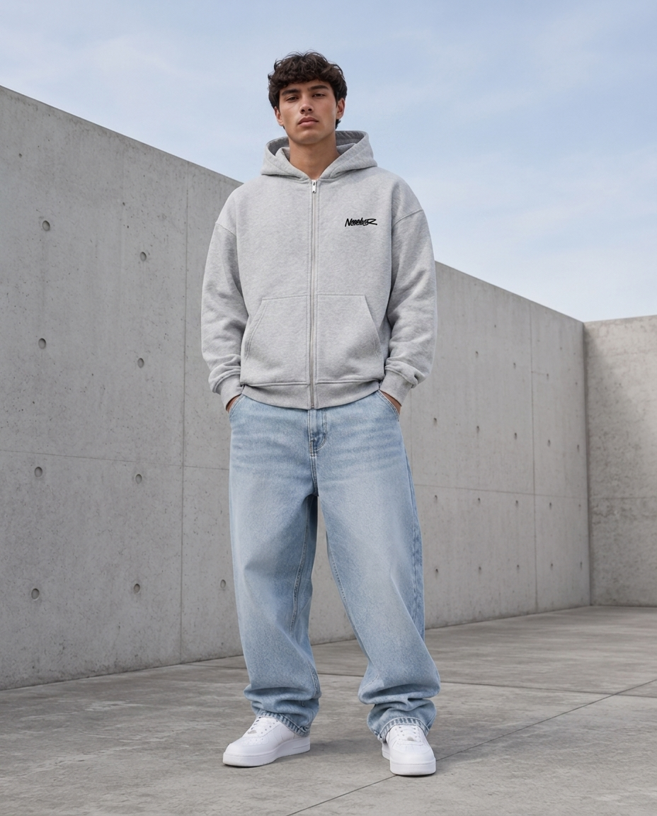 NOVAWEAR Axis Heavyweight Zipper Hoodie in Heather Grey – Frontansicht am Model