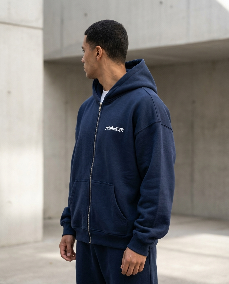 
NOVAWEAR Axis Heavyweight Zipper Hoodie in French Navy – 3/4-Rückenansicht