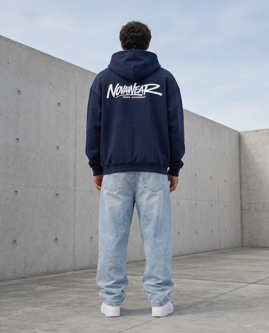 NOVAWEAR Axis Heavyweight Zipper Hoodie in French Navy – Rückenansicht mit Backprint