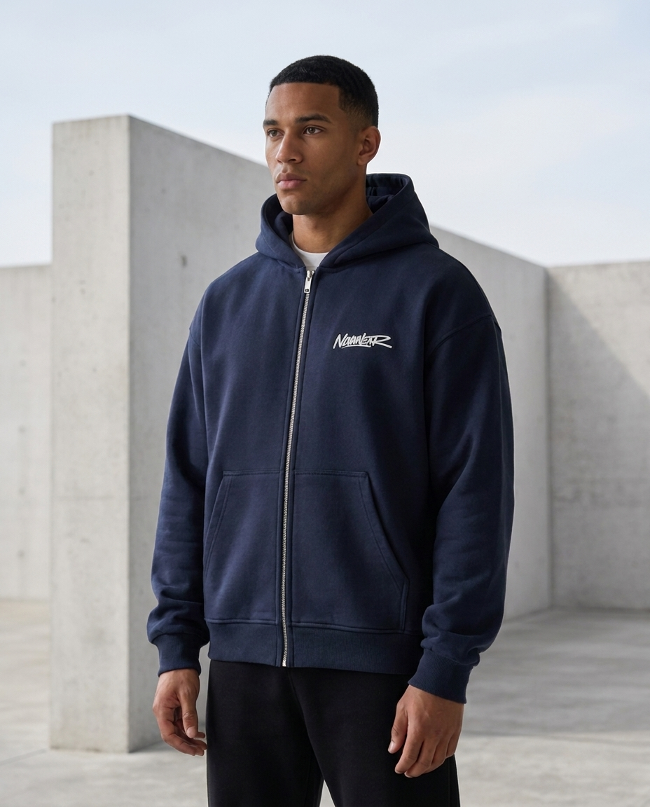 NOVAWEAR Axis Heavyweight Zipper Hoodie in French Navy – Detailansicht von Stoff und Reißverschluss