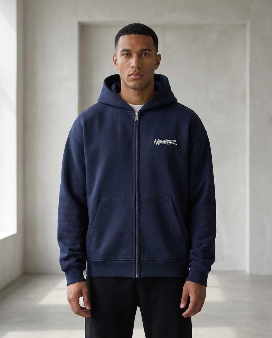 NOVAWEAR Axis Heavyweight Zipper Hoodie in French Navy – Frontansicht am Model