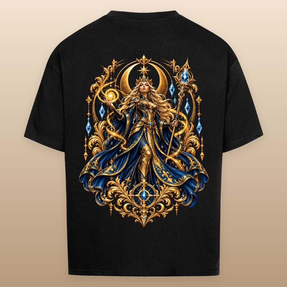 
NOVAWEAR® CELESTIAL QUEEN Heavyweight Oversized T-Shirt – blacker Backprint als Studio-Produktfoto