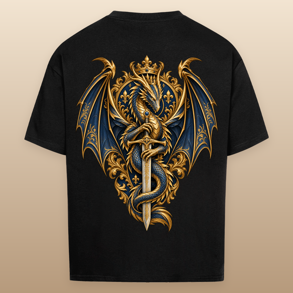 NOVAWEAR® DRAGON REIGN Heavyweight Oversized T-Shirt – schwarzer Backprint als Studio-Produktfoto