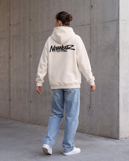 NOVAWEAR Formshift Heavyweight Oversized Hoodie in Natural Raw – Rückenansicht mit Backprint