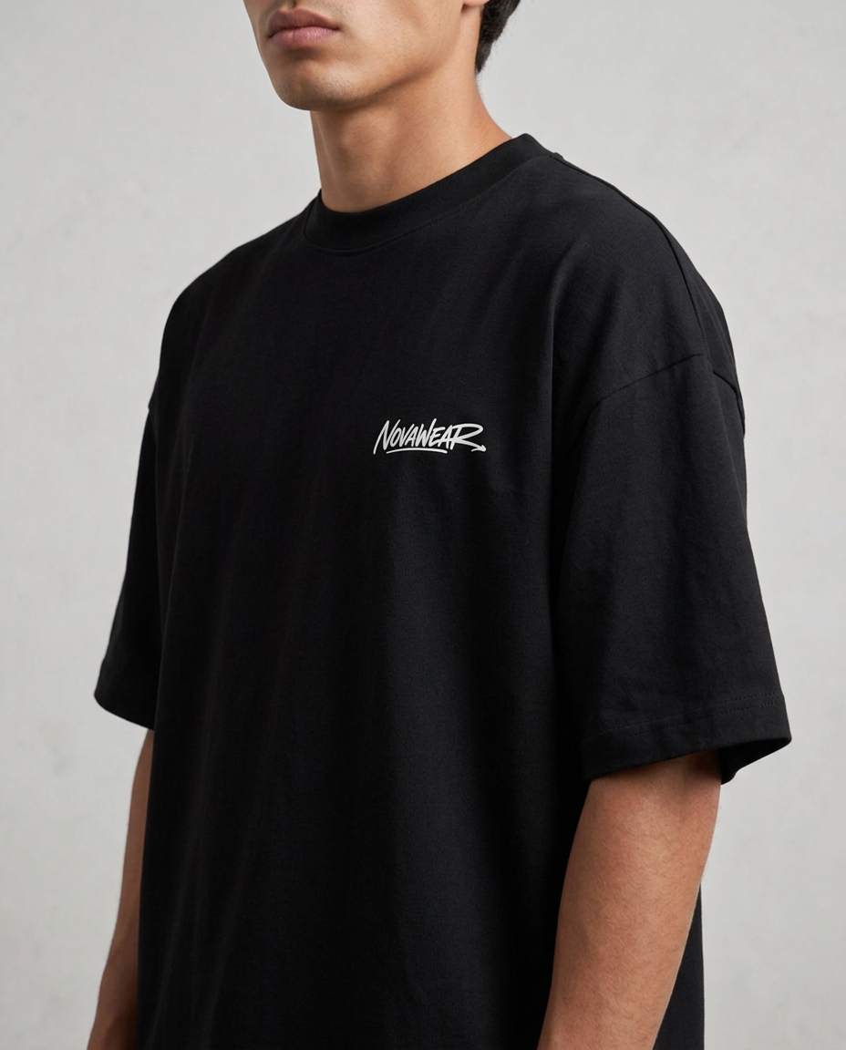 
NOVAWEAR Formshift Heavyweight Oversized Shirt in Black – Detailansicht mit kleinem Frontprint