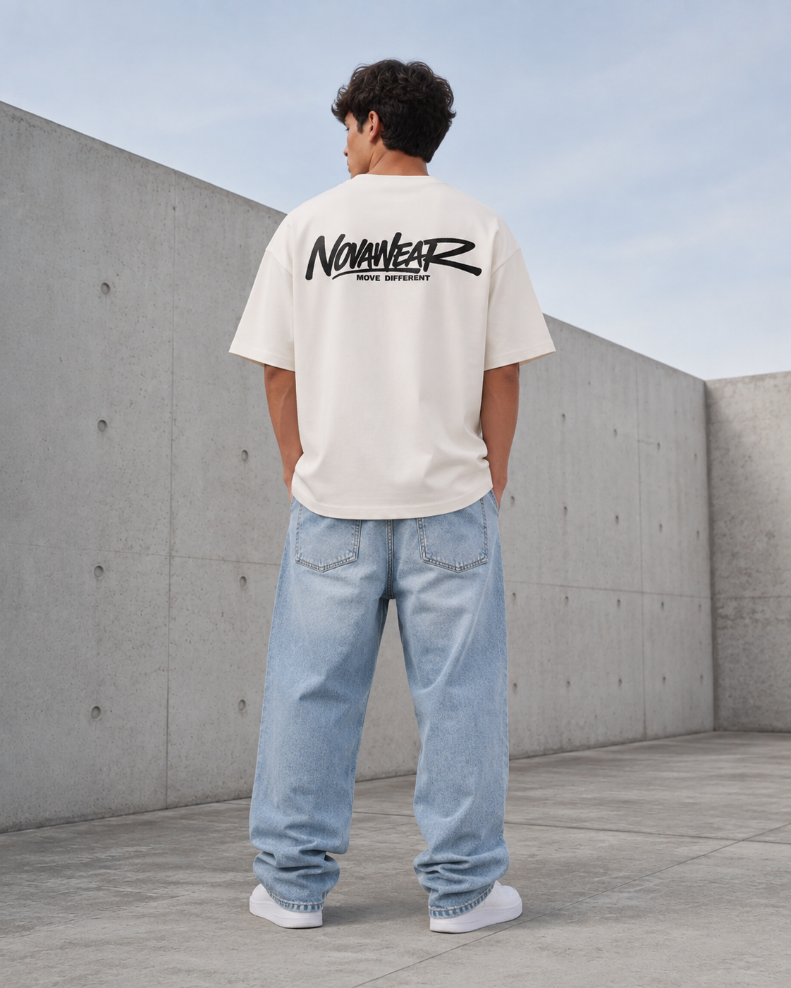 NOVAWEAR Formshift Heavyweight Oversized Shirt in Natural Raw – großer Backprint am Model