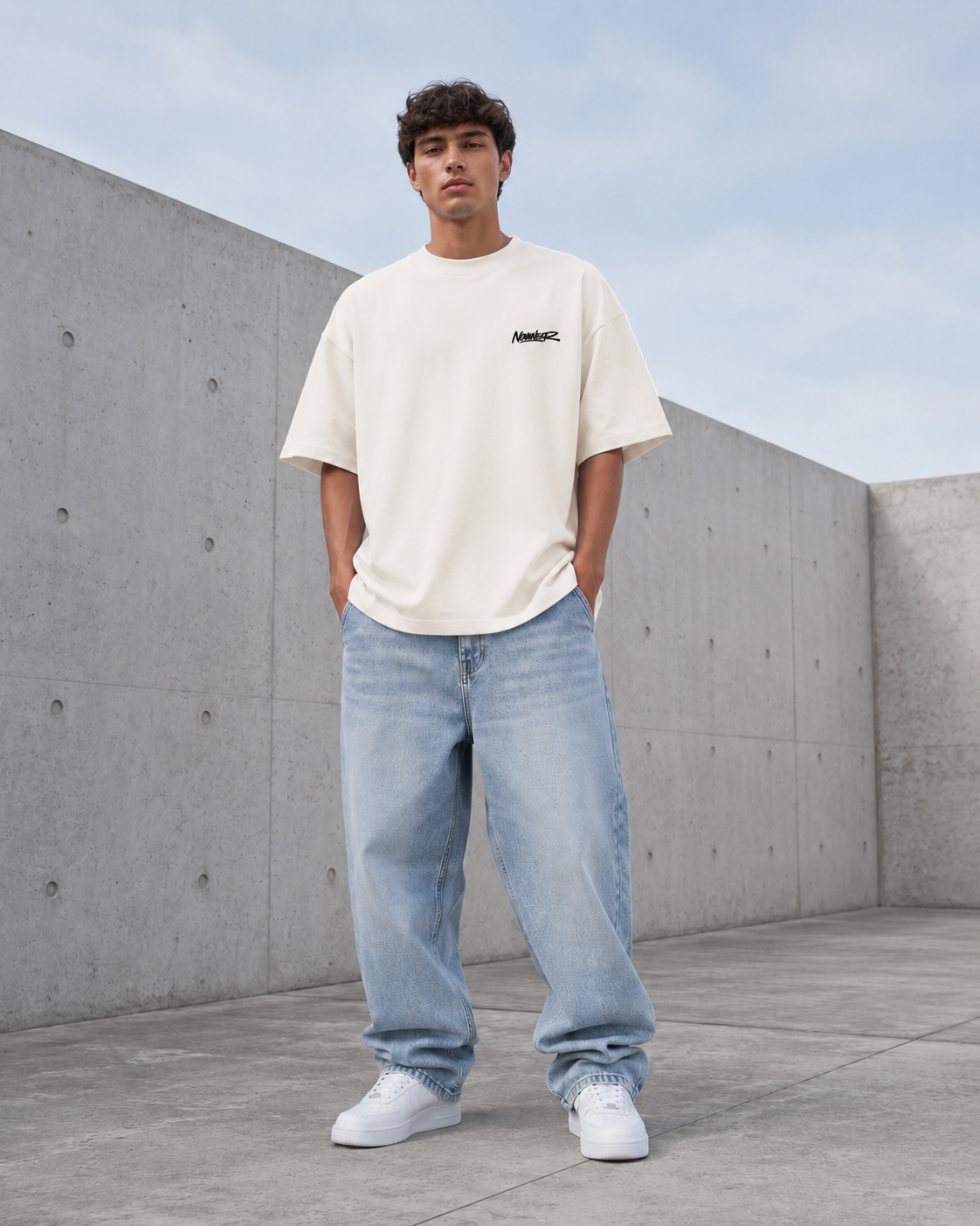 NOVAWEAR Formshift Heavyweight Oversized Shirt in Natural Raw – kleiner Frontprint am Model