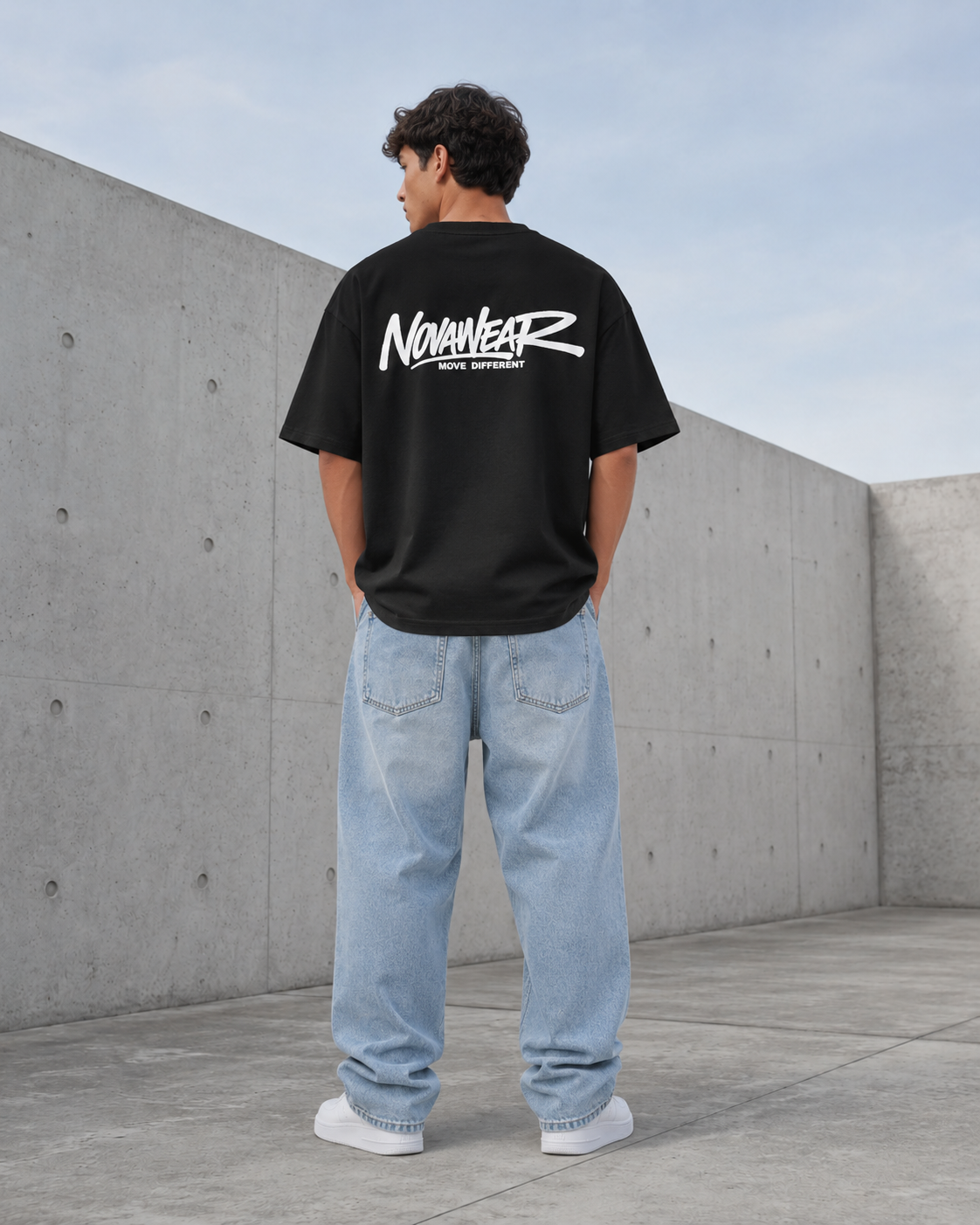 NOVAWEAR Formshift Heavyweight Oversized Shirt in Schwarz – großer Backprint am Model