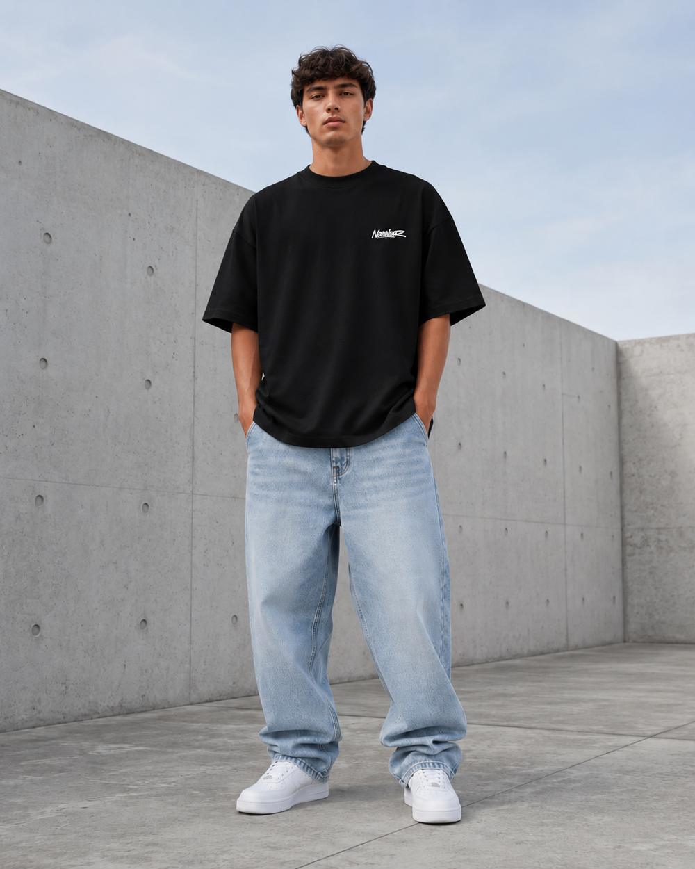 
NOVAWEAR Formshift Heavyweight Oversized Shirt in Black – kleiner Frontprint am Model