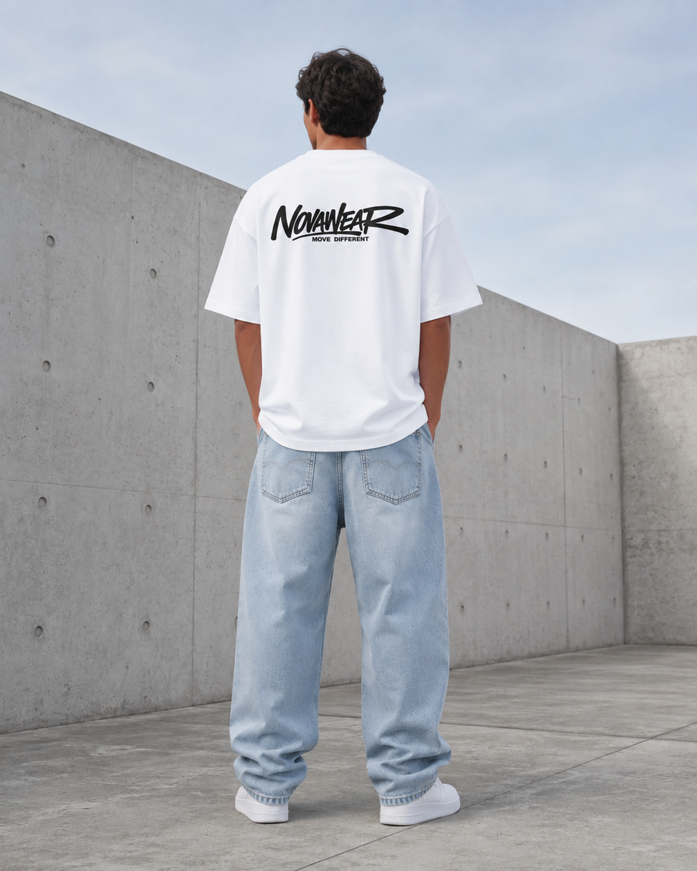 
NOVAWEAR Formshift Heavyweight Oversized Shirt in White – großer Backprint am Model