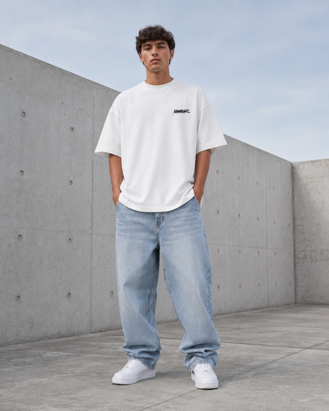 NOVAWEAR Formshift Heavyweight Oversized Shirt in Weiß – kleiner Frontprint am Model