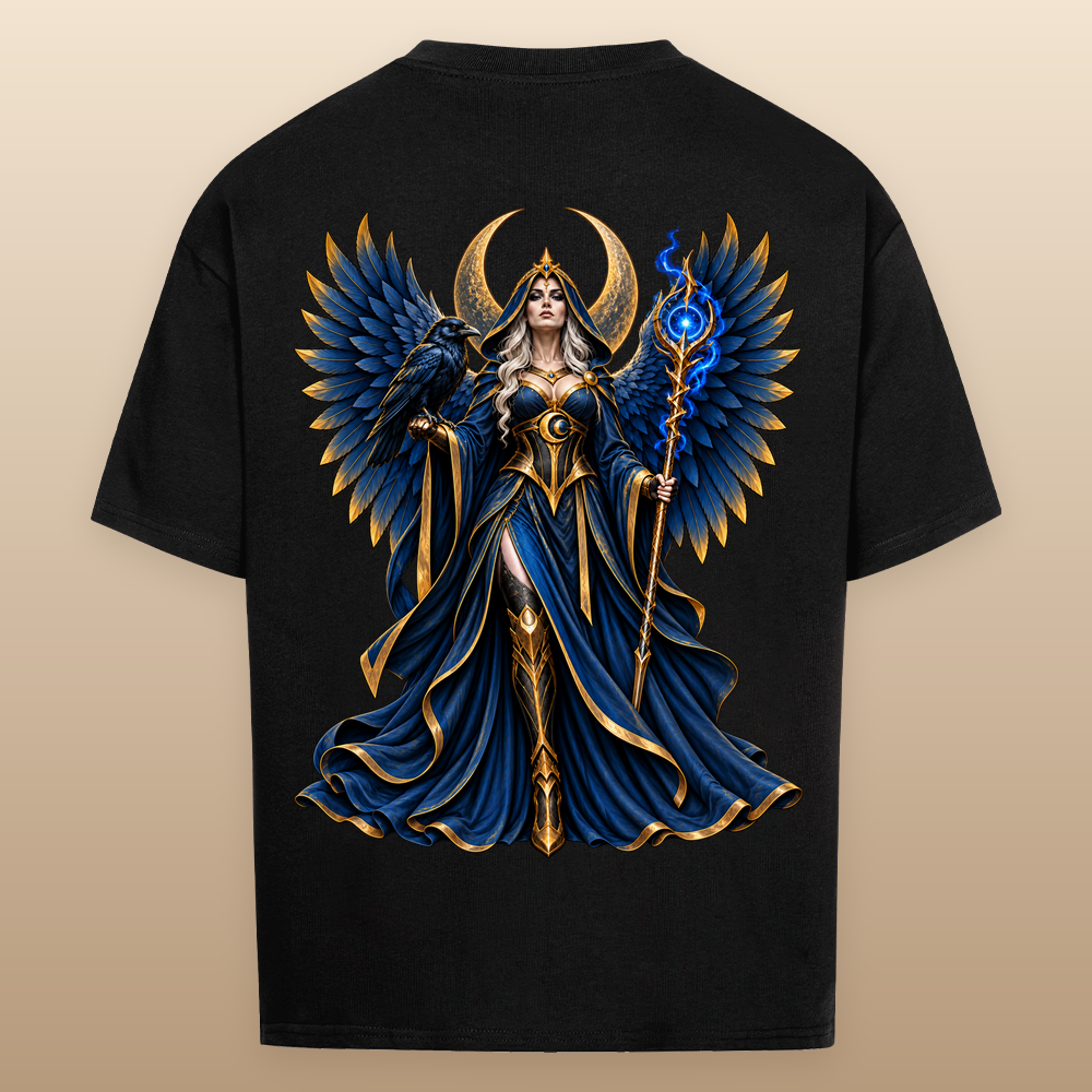 
NOVAWEAR® NIGHT EMPRESS Heavyweight Oversized T-Shirt – blacker Backprint als Studio-Produktfoto
