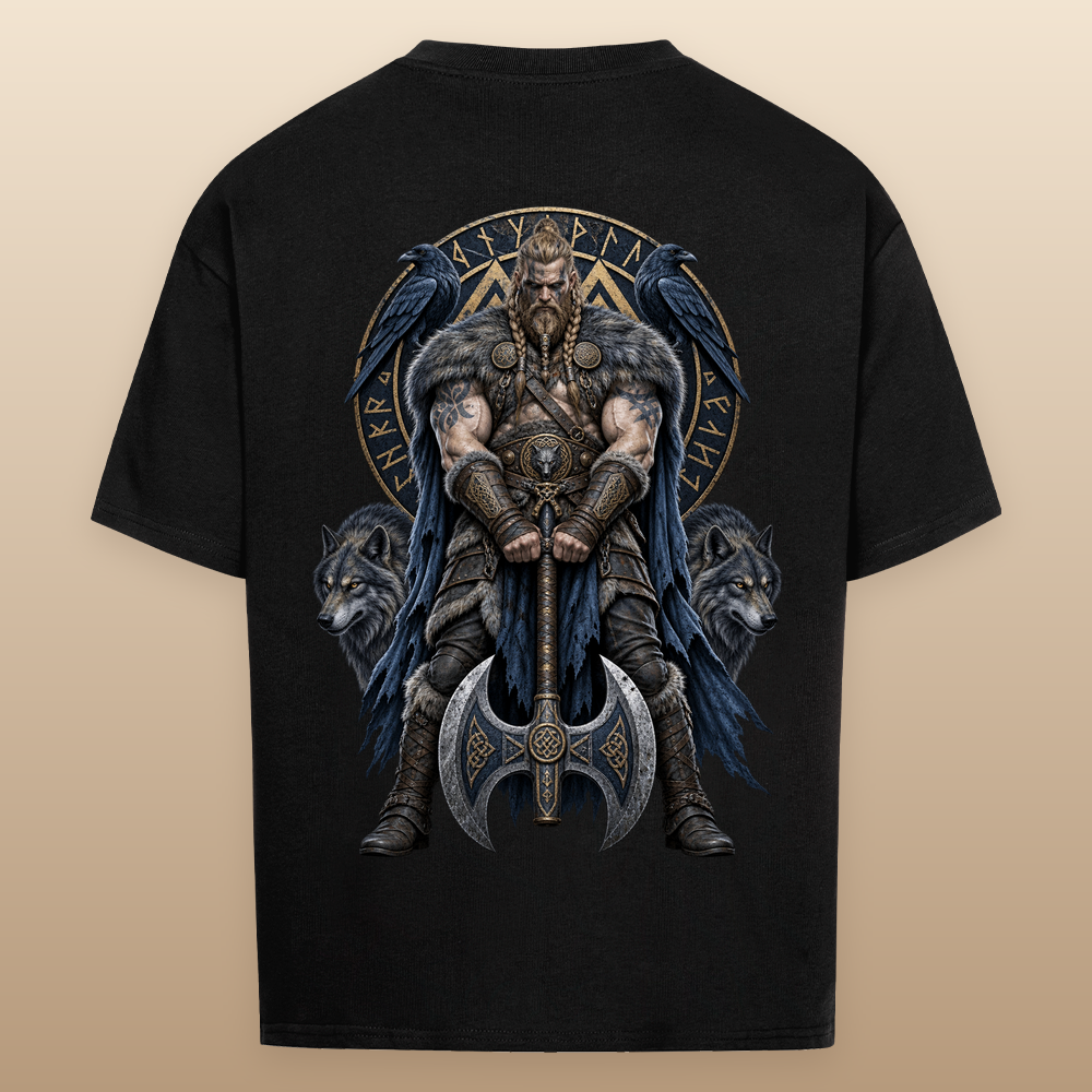 NOVAWEAR® RAVEN AXE Heavyweight Oversized T-Shirt – schwarzer Backprint als Studio-Produktfoto