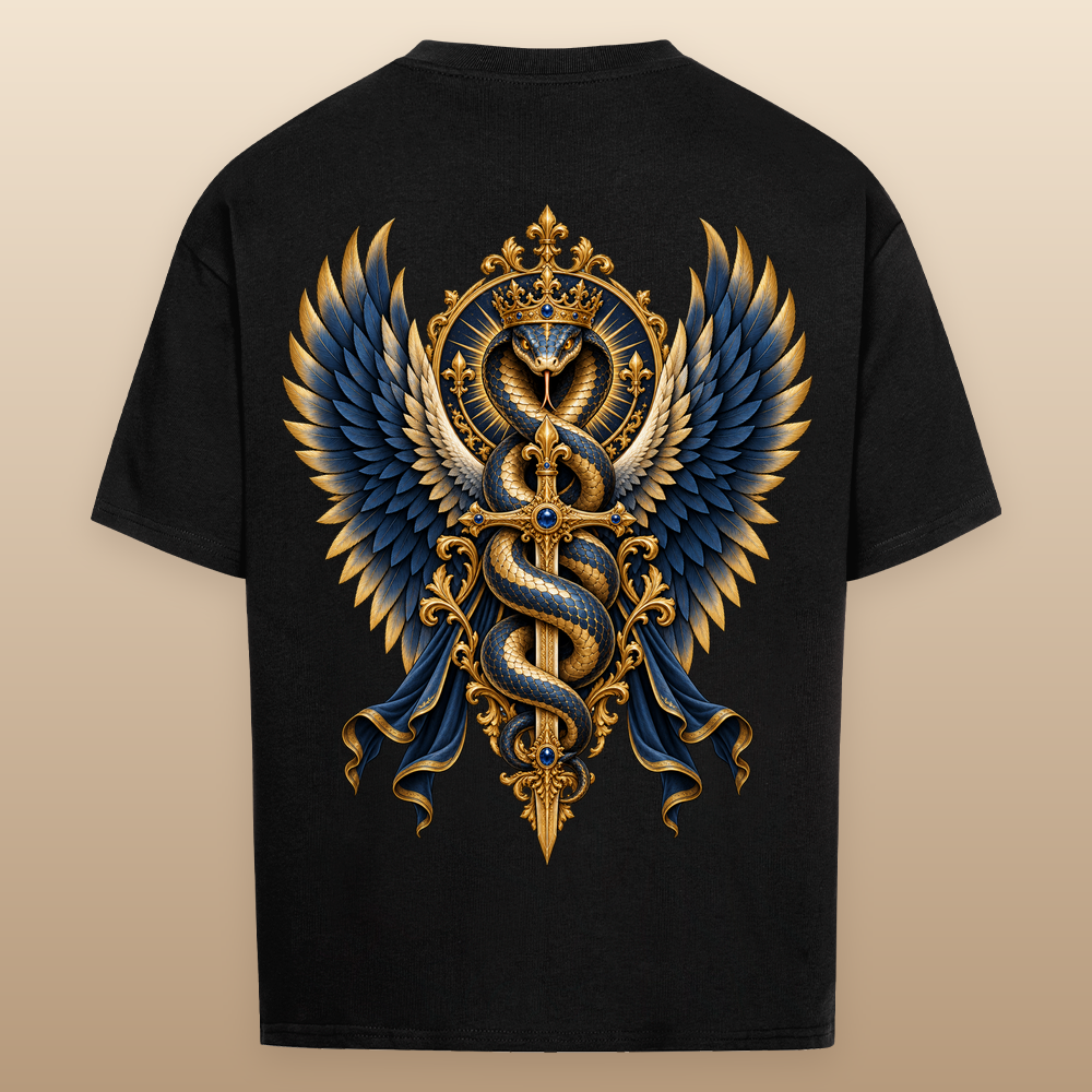 NOVAWEAR® SERPENT CROWN Heavyweight Oversized T-Shirt – schwarzer Backprint als Studio-Produktfoto