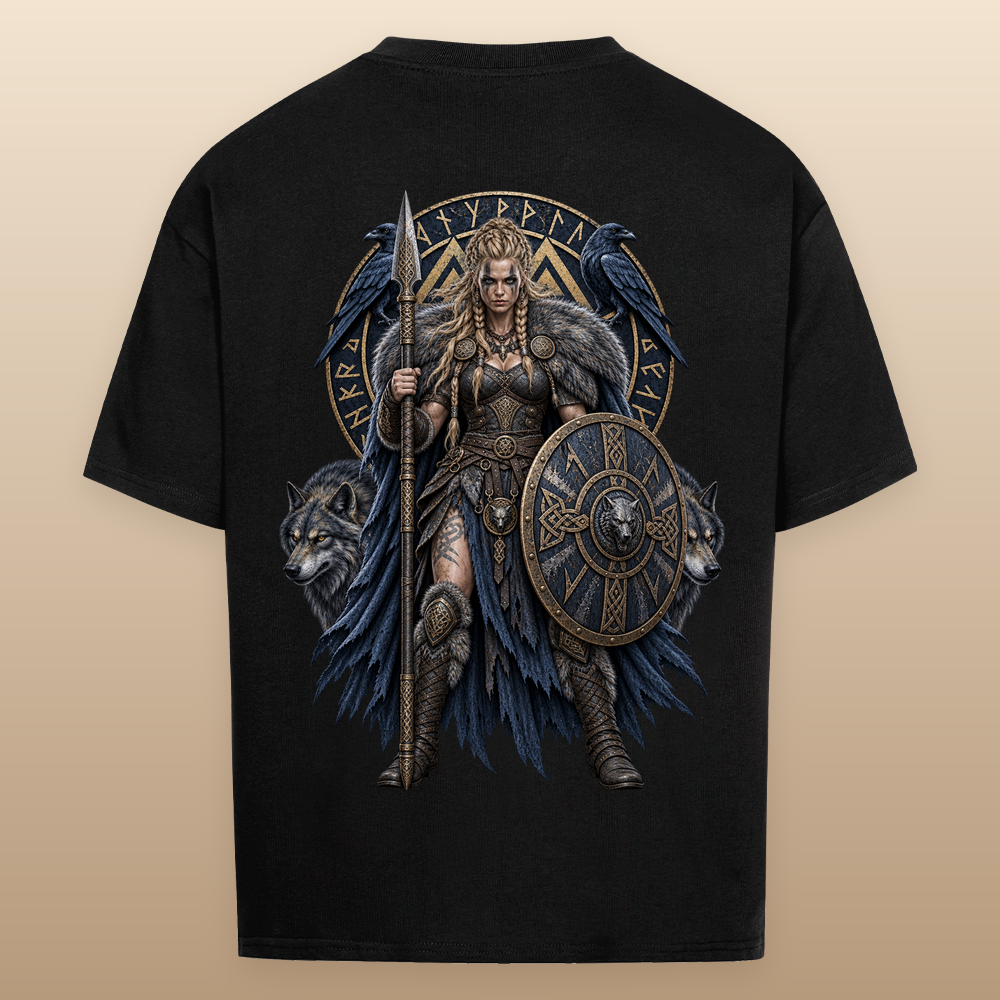NOVAWEAR® SHIELDMAIDEN Heavyweight Oversized T-Shirt – schwarzer Backprint als Studio-Produktfoto