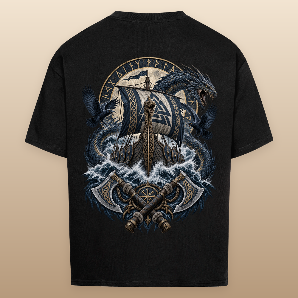 NOVAWEAR® VALHALLA STORM Heavyweight Oversized T-Shirt – schwarzer Backprint als Studio-Produktfoto